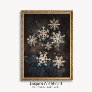 May include: A framed print featuring a dark, textured background with a constellation of sparkling, white snowflakes. The snowflakes vary in size and are intricately detailed. The frame is gold-colored and ornate. The text "InspireWithPrint Printable Wall Art" is at the bottom.