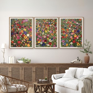 Vintage Frühlingsblumen Garten Landschaft 3 Stück Wandkunst, Gustav Klimt Blumenkunst Druckbare Botanische Garten Oi Malerei, Gustav Klimt Druck