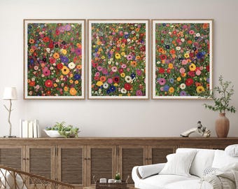 Vintage lente bloementuin landschap 3 stuks kunst aan de muur, Gustav Klimt bloemsierkunst afdrukbare botanische tuin Oi schilderij, Gustav Klimt print