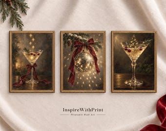 Vintage Christmas Cocktail Wall Art Set of 3, Martini Bar Cart Prints, Moody Holiday Entertaining Decor