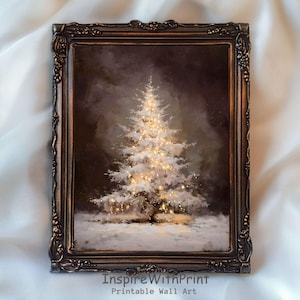 May include: A framed print depicting a snow-covered Christmas tree lit with warm lights. The artwork is set against a dark, atmospheric background and framed in a decorative bronze-coloured frame. The text "InspireWithPrint Printable Wall Art" is at the bottom.