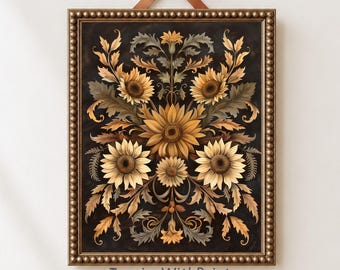 Sfeervolle herfstdecoratie met zonnebloemen, vintage botanische print, herfsthuisdecoratie geïnspireerd op William Morris.