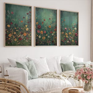 Dunkle Wildblumen Druck 3er Set, Botanische Landschaft, Smaragdgrün Kunst, Wildblumen Feld druckbare moderne Bauernhaus Wanddekoration
