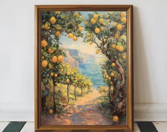 Mediterranean Landsacpe With Lemons Print, Italian Seascape Printable Wall Art, Coastal Kitchen Print, Moody Lemon Wall Art, Summer Print