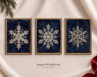 Vintage Christmas Snowflake Wall Art Set of 3, Navy Winter Printable Decor, Painterly Holiday Gallery Wall Prints