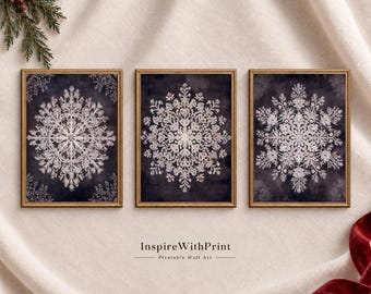 Vintage Snowflake Wall Art Set of 3, Moody Christmas Printable Art, Winter Gallery Wall Decor