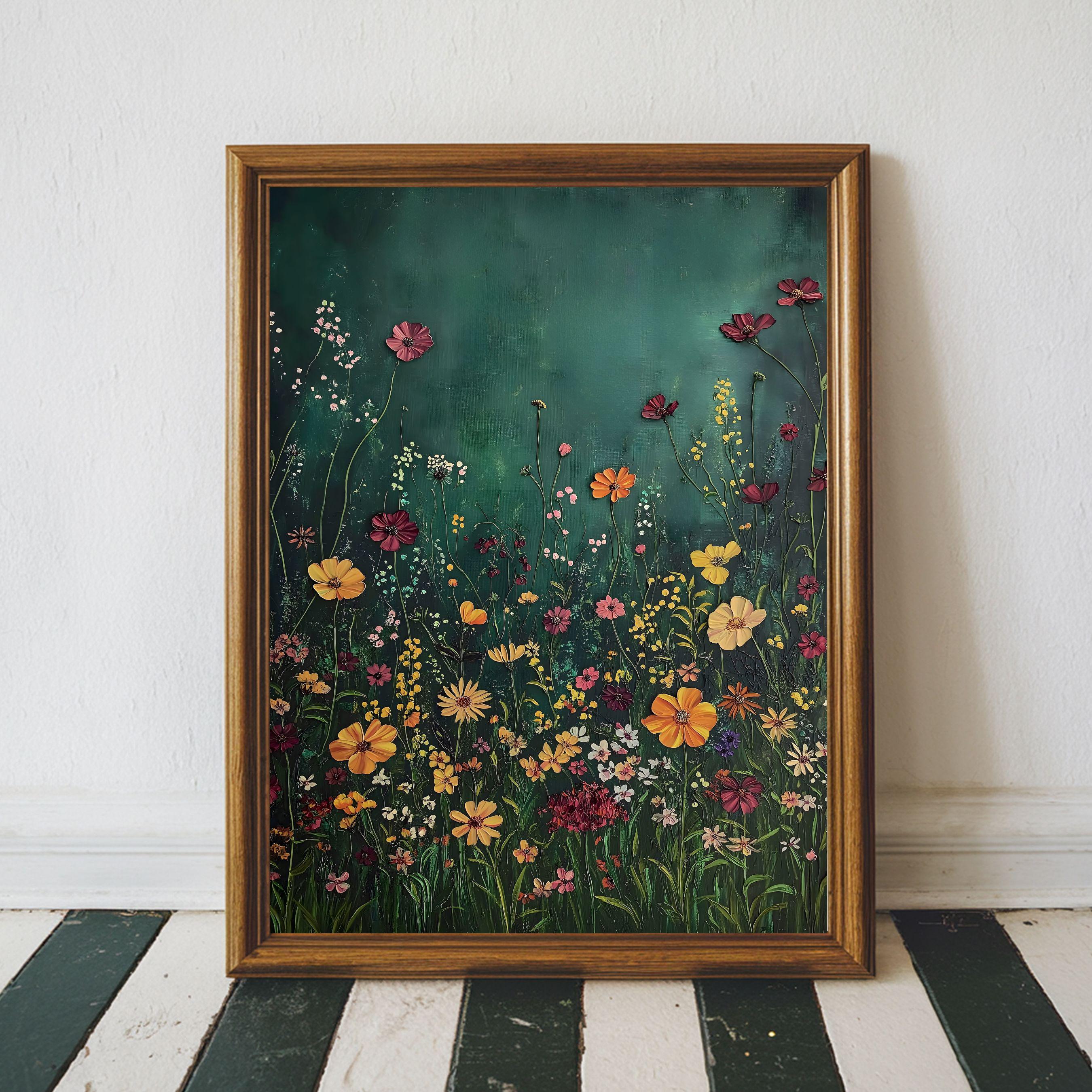 アート　PRETTY GREEN Prints 「Pocket Full」 Dark Wildflowers Print, Botanical Landscape Painting, Emerald