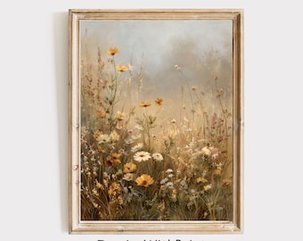 Vintage Fall Wildflower Meadow Print, Moody Wildflower Field Art Printable Neutral Fall Landscape Print, Farmhouse Autumn Cottagecore Art