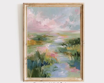 Pastel Marsh Landscape Wall Art Printable, Soft Spring Meadow Painting, Modern Impressionist Digital Download, Moody Abstract Print