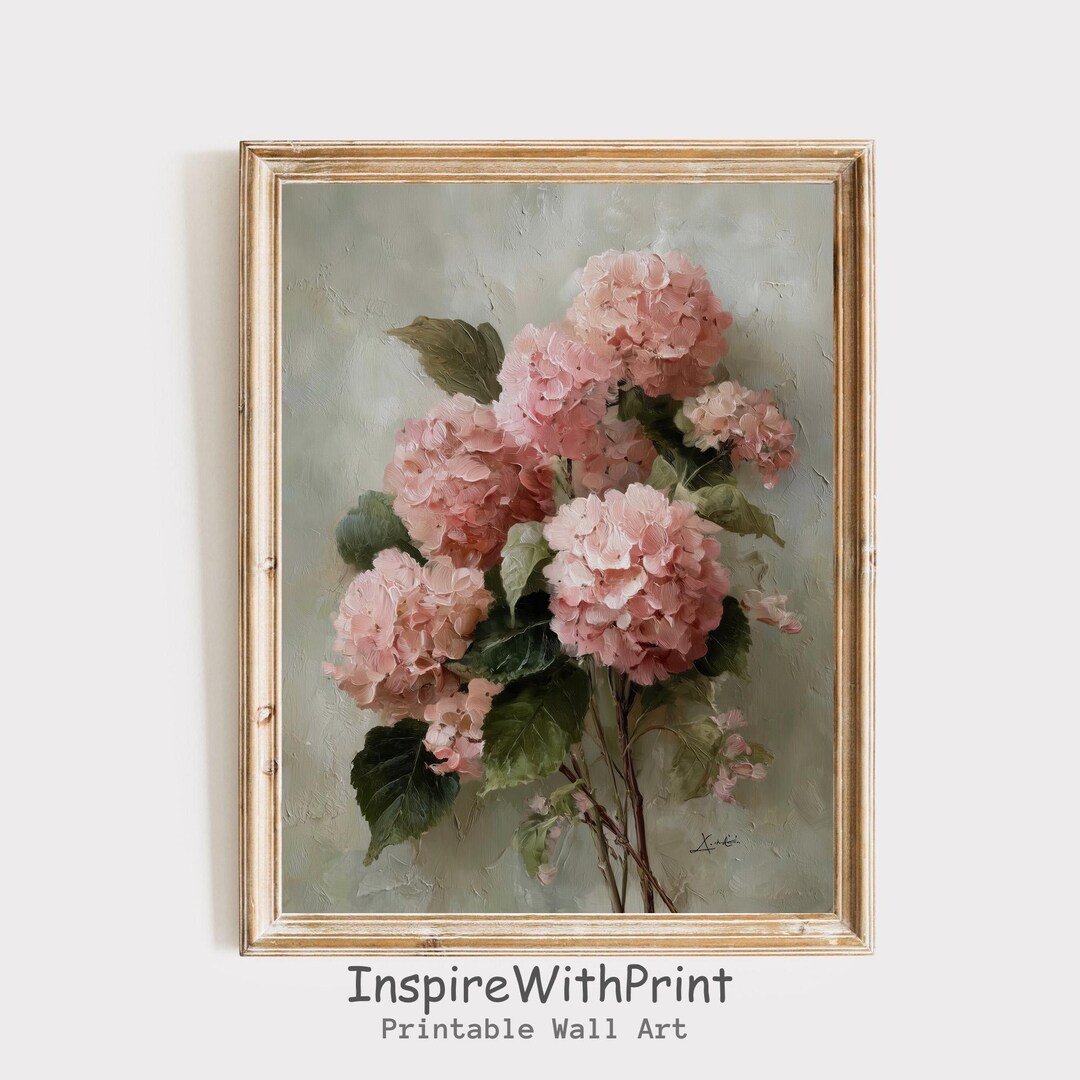 Pink Hydrangea Oil Painting Printable Wall Art, Minimal Pastel Floral ...