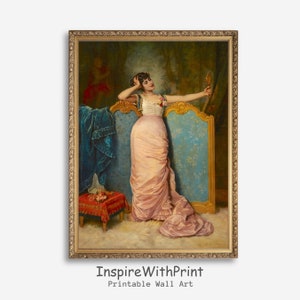 Woman Looking In the Mirror Painting, Moody Portrait Print, Antique Portrait Art, Digital Download Feminist Print, Vintage Fashion Wall Art