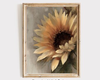 Vintage Fall Sunflower Painting, Moody Fall Print, Autumn Cottagecore Printable Farmhouse Art, Sunflower Print, Neutral Summer Floral Print