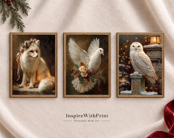 Vintage Christmas Animal Wall Art Set of 3, Printable Winter Woodland Decor, Fox Dove Snowy Owl Prints
