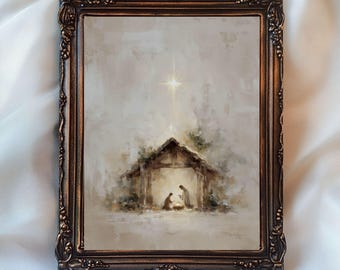 Holy Family Nativity Scene Wall Art, Glowing Manger Painting, Neutral Christmas Printable, Peaceful Christian Holiday Home Decor