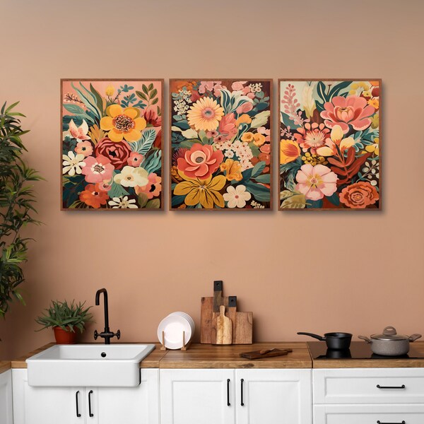 Midcentury Modern Boho Flowers Bouquet Wall Art Set of 3, Digital download MCM Floral, Artful Floral Botanical Print, MCM Living Room Decor