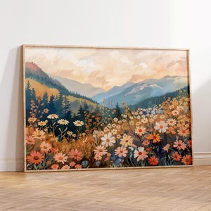 Mountain Wildflower Landscape Print, Colorful Flower Field Art Print, Printable Mountain Landscape Wall Art, Aesthetic Pastel Flowers Print