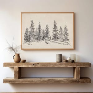 Kiefernwald Druck, Vintage Kiefernwald Kunst, Winter Landschaft Druck, rustikale Winter Kunst Bauernhaus Druck druckbar