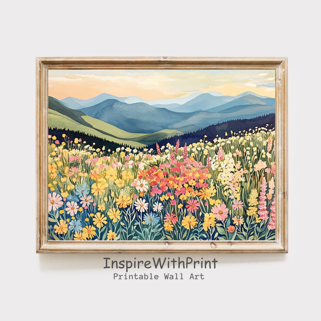 Mountain Wildflower Landscape Painting, Colorful Flower Field Art Print ...