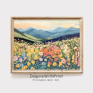 Mountain Wildflower Landscape Painting, Colorful Flower Field Art Print, Mountain Landscape Wall Art Printable Spring Flower Meadow Print