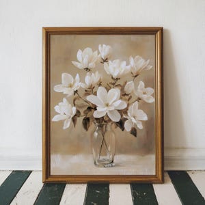 Vintage White Magnolia Flower Oil Painting, Soft Neutral Wall Art Printable Magnolia Print, Cottage Core Farmhouse Art, Moody Flower Print