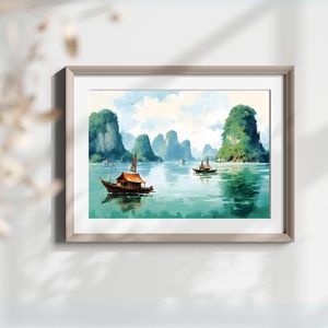 May include: A watercolour painting of a seascape with green mountains and three boats on a calm body of water.