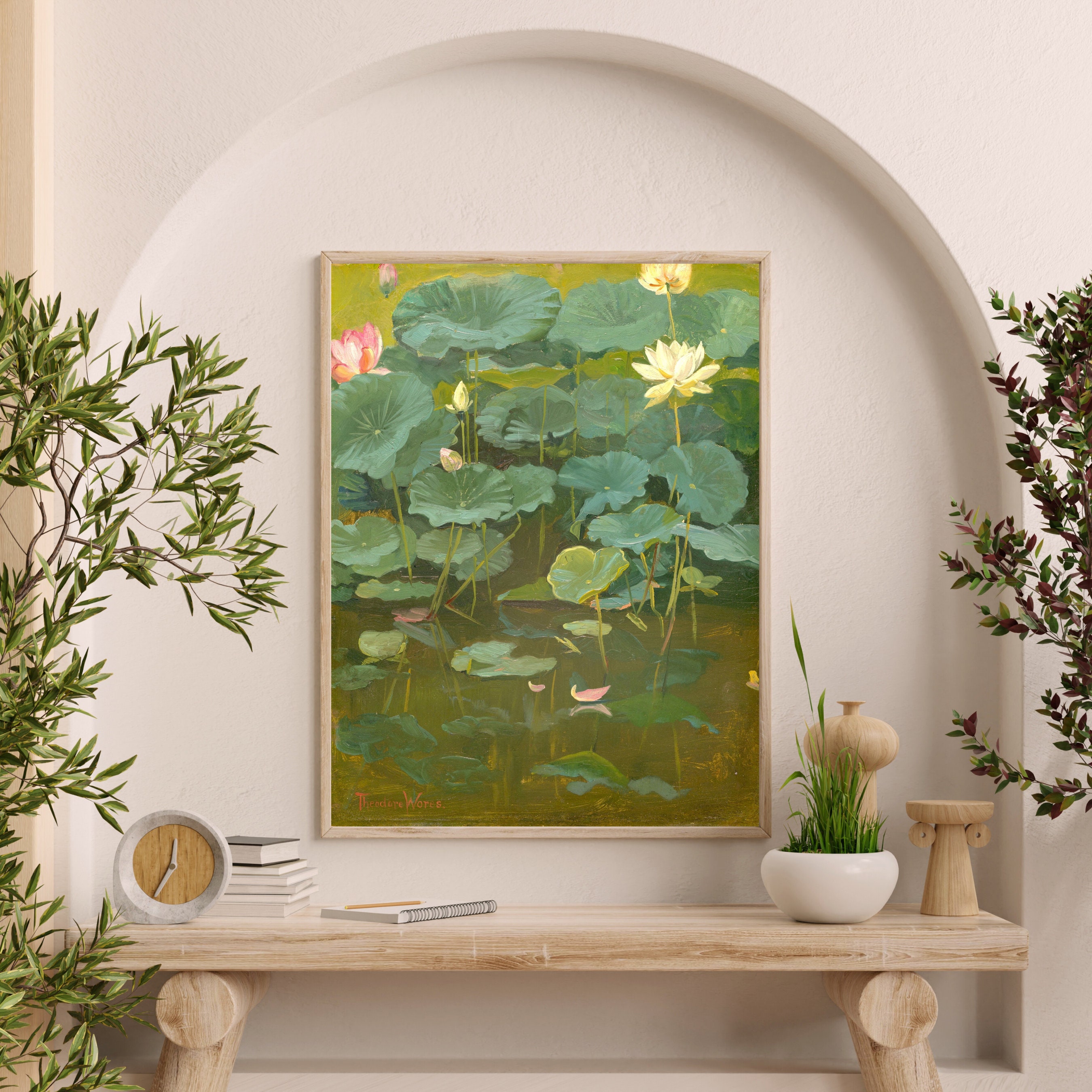 Vintage Lotus Flower Painting, Digital Download Green Leaves Art, Yoga ...