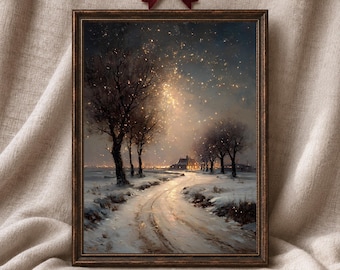 Winter Landscape Printable Wall Art, Snowy Woodland Path with Glowing Lights, Moody Painterly Cottage Decor