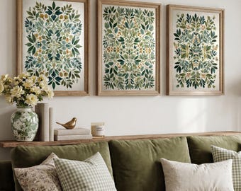 William Morris Inspired Botanical Wall Art Set of 3, Green Symmetrical Floral Decor Download, Vintage Printable Gallery Home Interior