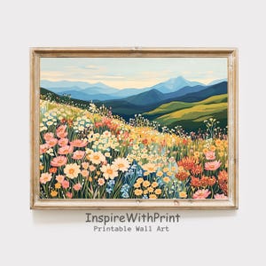 Mountain Wildflower Landscape Painting, Colorful Flower Field Art Print, Mountain Landscape Wall Art Printable Spring Flower Meadow Print