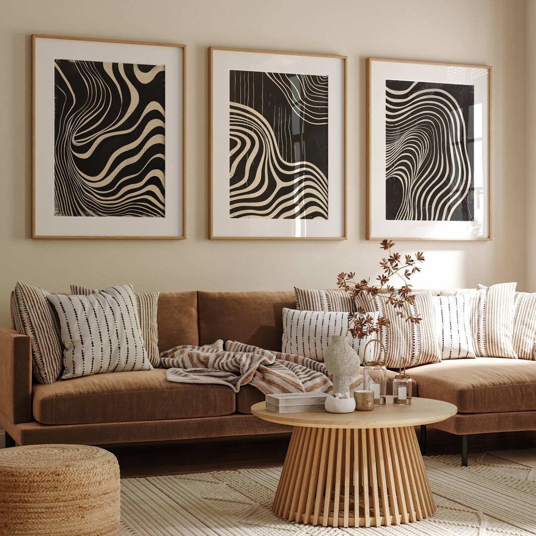 Abstract Black and Beige Print Set of 3, Abstract Illusion Wavy Wall ...