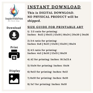 May include: Digital download art print size guide. Includes ratios for printing in inches: 8x12, 10x15, 12x18, 16x24, 20x30, 24x36, 6x8, 9x12, 12x16, 15x20, 18x24, 4x5, 8x10, 12x15, 16x20, A2, 11x14, 9x12, 5x7. Features a logo and icons for download, print, and display.