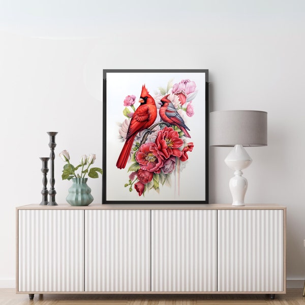 Cardinal Wall Art, Digital Download Cardinal Painting, Bird with Flower Art, Red Cardinal Print, Love Wall Art Hanging, Pair Bird Prints