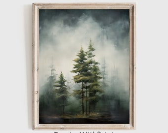 Pine Tree Forest Print, Digital Download, Foggy Forest Print, Vintage Pine Tree Forest , Winter Landscape Print, Misty Forest, Winter Decor