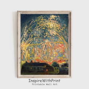 Peinture vintage de feu d'artifice, impression du 4 juillet en téléchargement numérique, décoration murale de célébration festive, art mural patriote américain jour de l'indépendance