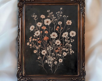 Dark floral Art Printable Boho Flower Neutral Print, Antique Wall Art Moody Wildflower Print, Farmhouse Rustic Wall Art Dark Botanical Print