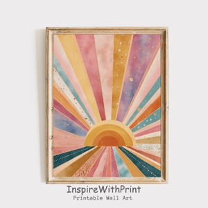 Boho Sun Print, Colorful Boho Sun Wall Art Printable Abstract Sunrise Print, Midcentury Modern Art, Playroom Poster, Boho Nursery Wall Art