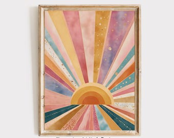 Boho Sun Print, Colorful Boho Sun Wall Art Printable Abstract Sunrise Print, Midcentury Modern Art, Playroom Poster, Boho Nursery Wall Art