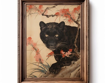 Japanse Black Panther Print, Digitale Download, Exquise Wildlife Print, Jungle Animal Art, Meesterwerk aquarel schilderij van Panther