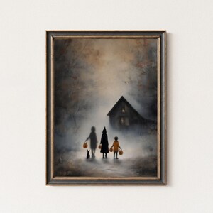 Arte de Halloween espeluznante, impresión infantil de truco o trato, impresión imprimible de Halloween de brujas con un otoño melancólico, impresión de casa embrujada espeluznante de estilo cottagecore oscuro