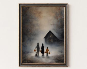 Spooky Halloween Art, Trick-or-Treat Kids Print, Witchy Halloween Printable Moody Fall Print, Dark Cottagecore Spooky Haunted House Print