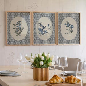 Vintage Blue Botanical Print Set of 3, Blue Flower Art, Grandmillennial Art Print, Blue Floral Prints, French Country Farmhouse Prints