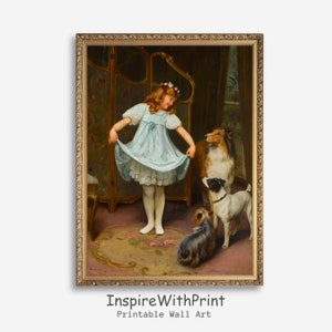 Vintage  Little Girl Dancing Painting, Digital Download Kid With Dog Print, Vintage Girl&#39;s Room Wall Decor, Kid Portrait Artful Print