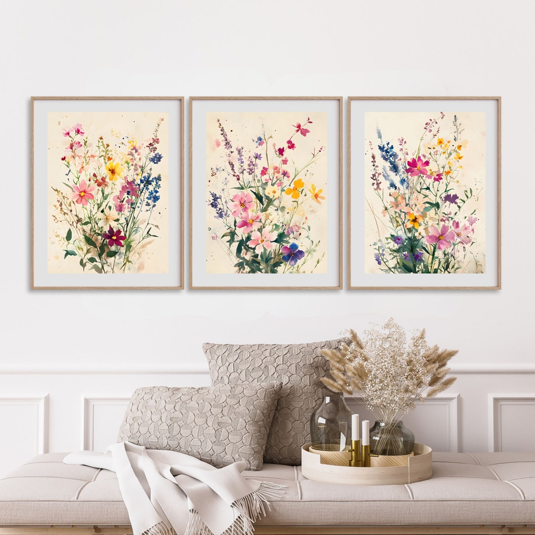 Watercolor Wildflower Print Set of 3, Watercolor Botanical Boho Wall ...