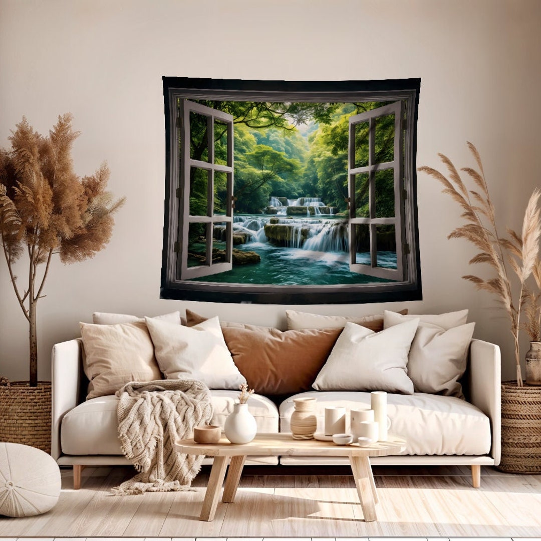 Calming Waterfall Tapestry, Window Tapestry, Greenery Tapestry Wall
