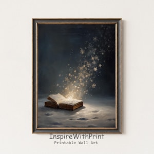 May include: A framed print depicts an open book with glowing light and snowflakes emanating from its pages. The artwork has a dark, moody background and is labeled "InspireWithPrint Printable Wall Art". The book is set in a snowy landscape.