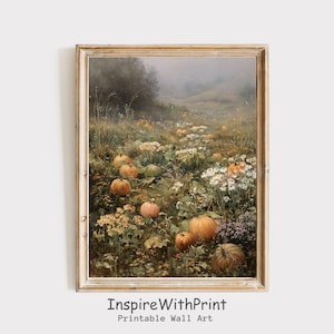 Vintage Fall Pumpkin Field Landscape Art, Autumn Cottagecore Printable Fall Farmhouse Print, Pumpkin Painting, Autumn Wildflower Meadow Art
