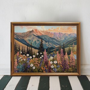 Mountain Wildflower Landscape Art Print, Boho Mountain Landscape Wall Art Printable  Colorful Flower Field Art, Spring Meadow Field Painting