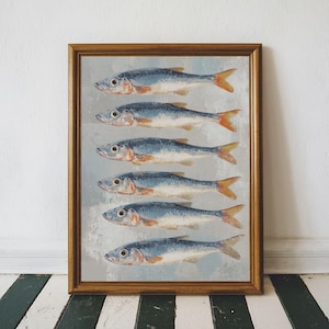 Vintage Sardine Painting, Trendy Sardines Print, Moody Still Life Fish Art, Fish Restaurant Wall Decor, Sea Life Print, Beach House Print