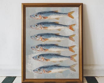 Vintage Sardine Painting, Trendy Sardines Print, Moody Still Life Fish Art, Fish Restaurant Wall Decor, Sea Life Print, Beach House Print