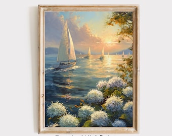 アジサイと帆船の夕日の絵画、海岸の海のウォールアート装飾、リビングルームや寝室用の航海ビーチ風景プリント